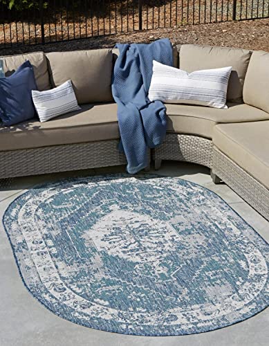 Unique Loom Outdoor Traditional Collection Area Rug - Valeria 3' 3" x 5' 3" Oval Blue/Ivory Deal