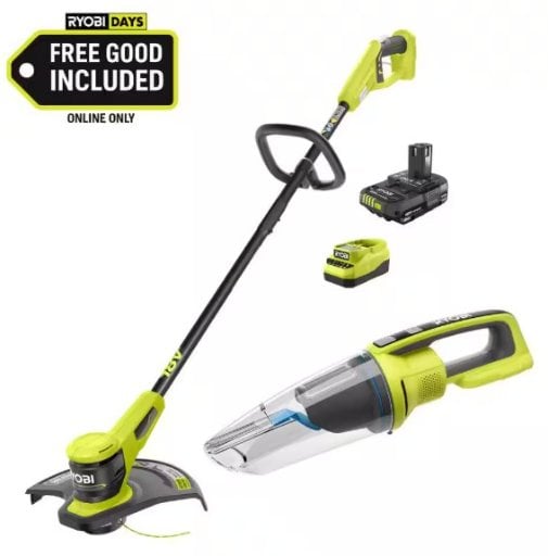 RYOBI ONE+ 18V 13 in. Cordless Battery String Trimmer Kid w/ FREE Cordless Wet/Dry Hand Vacuum Deal