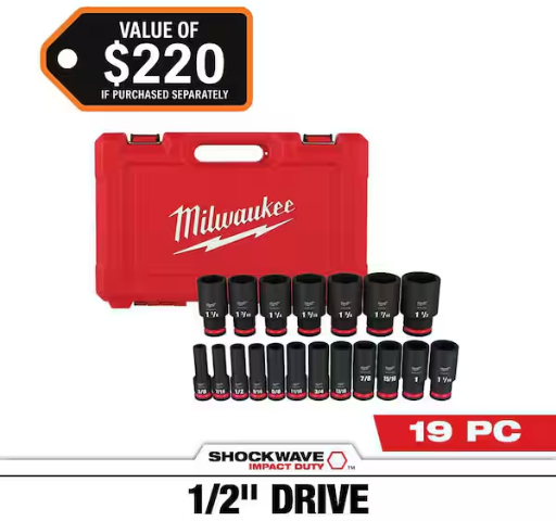 Milwaukee SHOCKWAVE 19-Piece 1/2" Drive SAE 6 Point Impact Socket Set