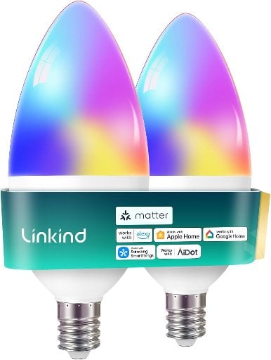 Linkind Matter Smart Color-Changing B11 E12 Candelabra LED Light Bulbs 2-Count