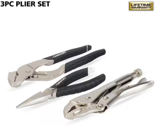 Husky 3-Piece Pliers Set (Curved Jaw Locking, Long Nose, Groove Joint)