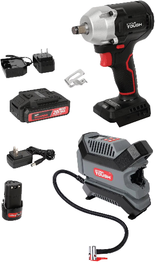 Hyper Tough 20V Max Brushless 1/2-inch Cordless Impact Wrench and 12V Cordless Digital Inflator Kit