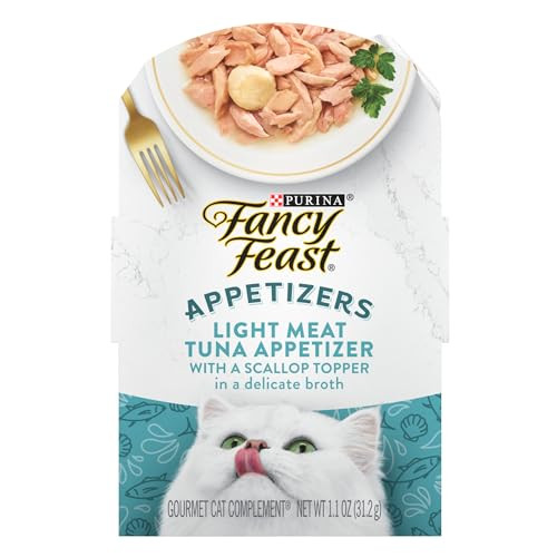 Purina Fancy Feast Appetizers Lickable Wet Cat Food Topper Light Meat Tuna, Salmon or Chicken Appetizer - 10-Pack 1.1 oz. Trays