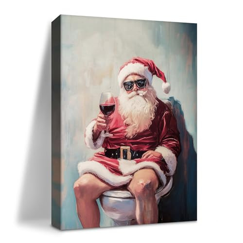 Framed Christmas Santa on Toilet w/ Wine Wall Art Print