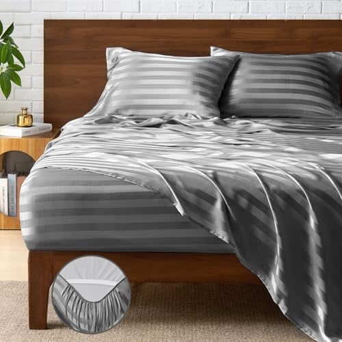 BEDELITE Queen Jacquard Striped Satin 4-Piece Sheet Set Deal