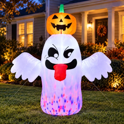 BEEPRINCESS 6 FT Halloween Inflatable Ghost with Pumpkin Head, Light-Up RGB LED