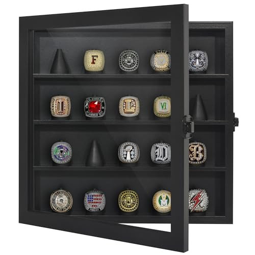 Americanflat 12x12 Championship Ring Display Case with Lock and Key - Hold 20 Rings