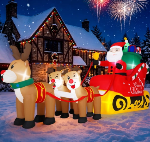 Firstness 8ft Christmas Inflatables Santa Claus on Sleigh with 3 Reindeer