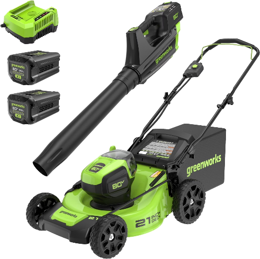 Greenworks 80V 21" Brushless Push Cordless Lawn Mower + 500 CFM Leaf Blower with Two 2.0Ah Batteries