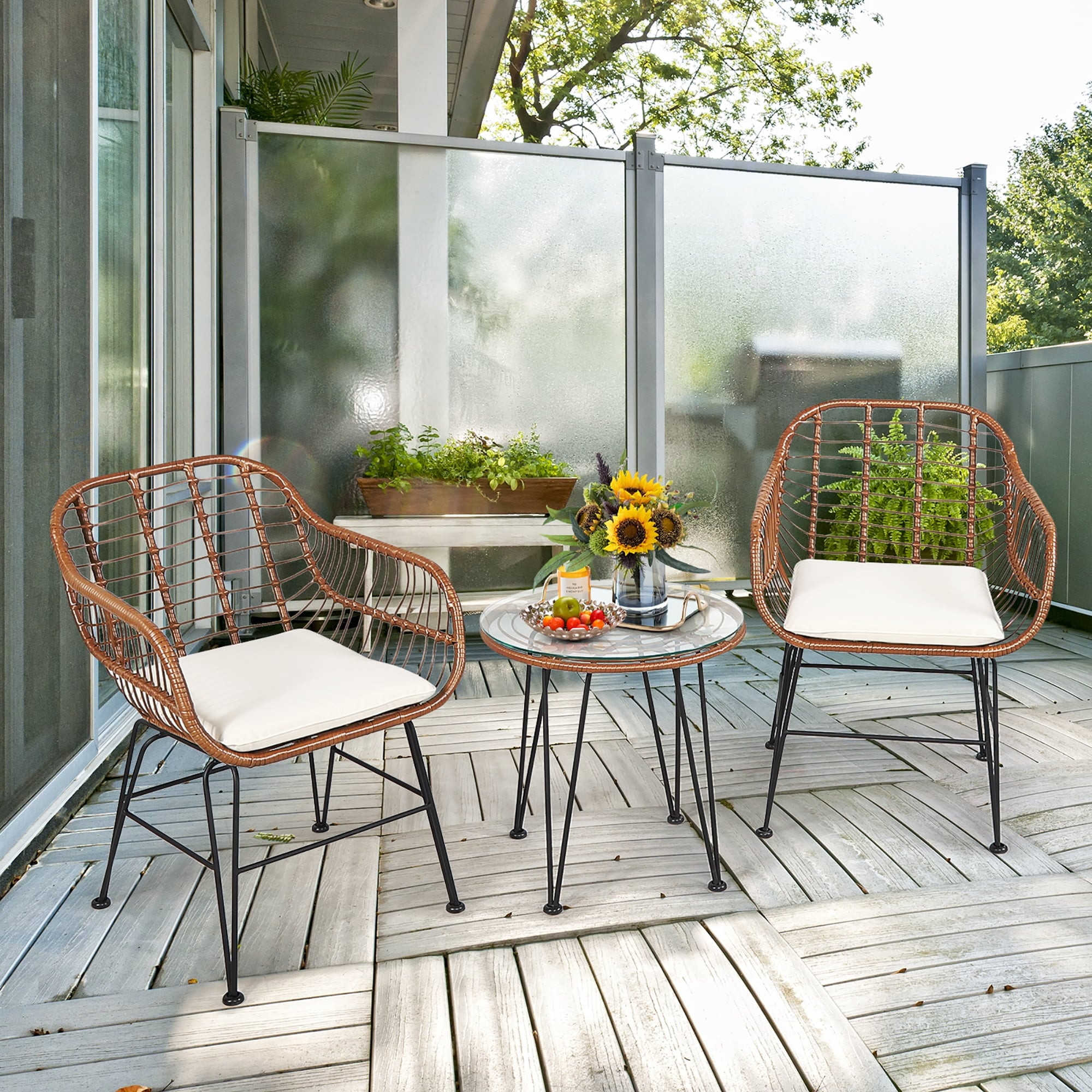 Costway 3PCS Patio Rattan Bistro Set Coffee Table Armchair Garden Beige Cushion Deal