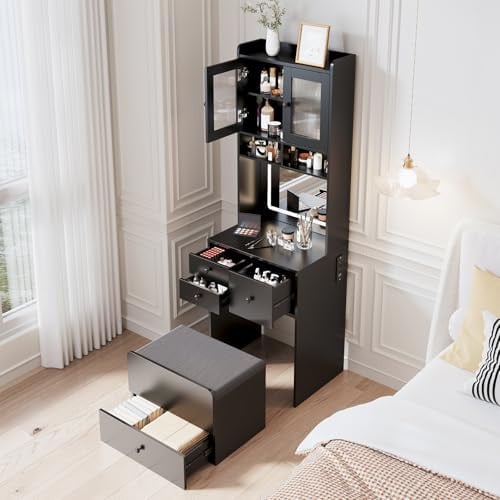 Vanity Desk with Sliding LED Mirror, 4 Drawers & 3 Adjustable Light Colors (Black)