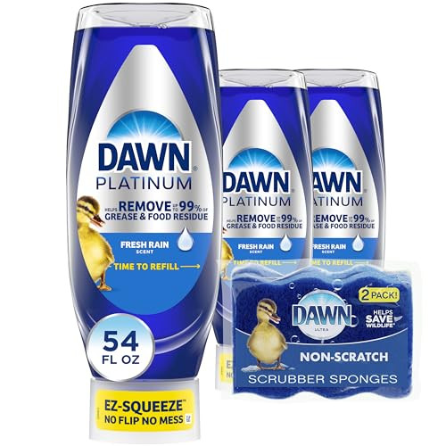 3 Pack of Dawn Fresh Rain EZ-Squeeze Platinum Dishwashing Soap, 18-Oz + 2 Non-Scratch Sponges
