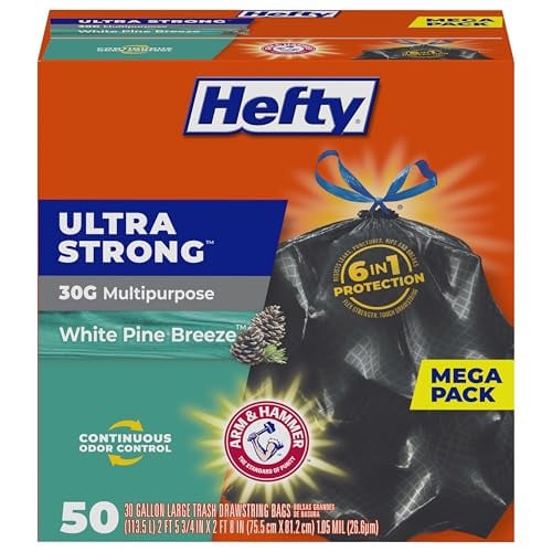 Hefty Ultra Strong 30 Gallon Trash Bags, White Pine Breeze Scent, 50 Bags Deal