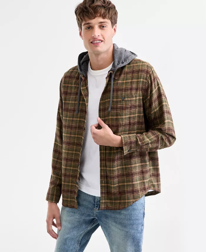 Sun + Stone Men’s Russel Layered-Look Hooded Cotton Flannel Plaid Shirt Deal