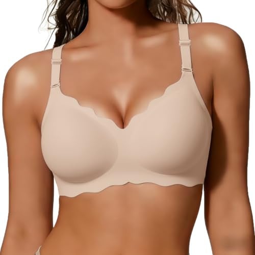 COCOMARTS Jelly Bras for Women No Underwire Scalloped Push Up Wireless Bralettes Seamless Soft Comfort Everyday Tshirt Bra Nude Large
