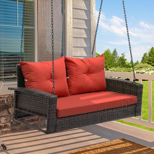 YITAHOME 2-Seat Wicker Rattan Hanging Porch Swing w/ Cushions