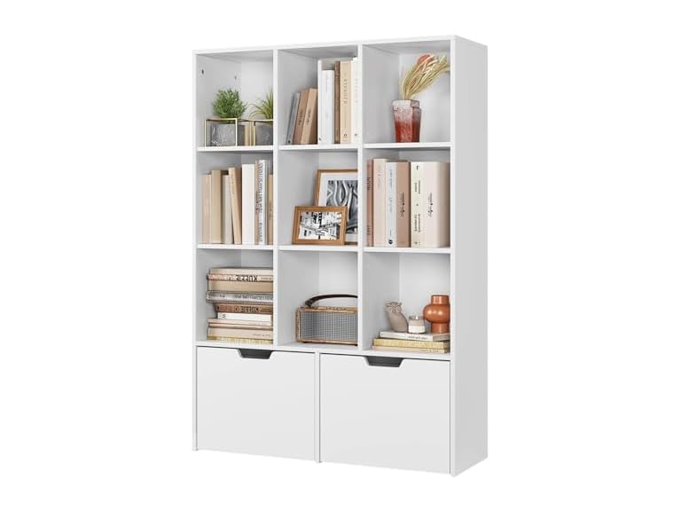 Senfot White Bookshelf 55.3" H with 9 Cubes and 2 Large Drawers Deal