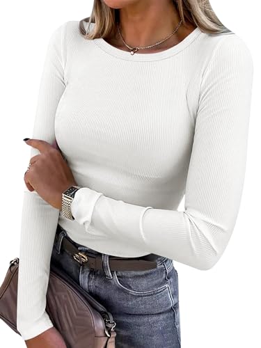 ANRABESS Women Long Sleeve Ribbed Fitted Top White XL Deal