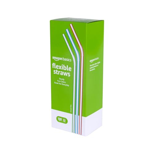 Amazon Basics Striped Plastic Flex Straws, 7.5", 100 Count