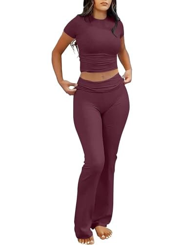 Lounge Sets for Women 2 Piece Foldover Yoga Flare Leggings + Crop Top