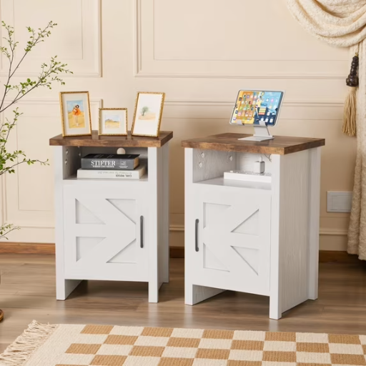 Vineego Set of 2 Farmhouse Nightstands w/ Storage Shelves (White)