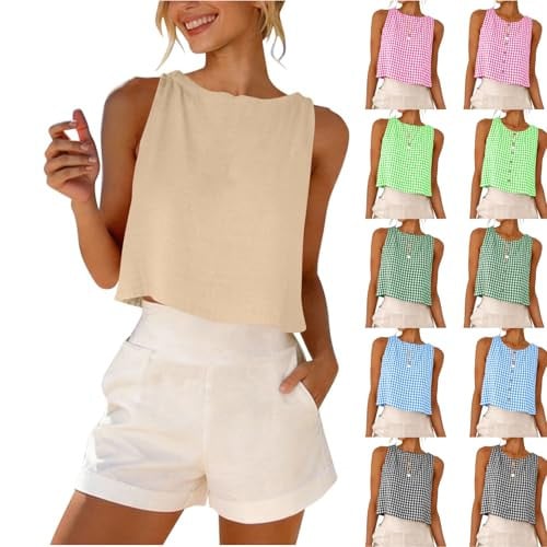 Linen Sleeveless Casual Crewneck Shirts  Deal
