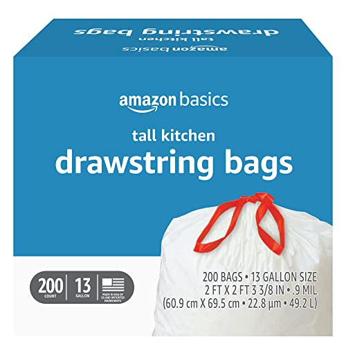 Amazon Basics Tall Kitchen Drawstring Trash Bags, Unscented, 13 Gallon, 200 Count