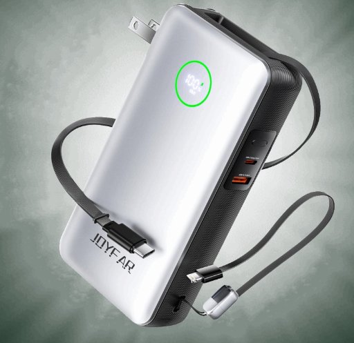JOYFAR 25,000mAh GaN 65W Power Bank with Wall Plug & Retractable USB-C Cable