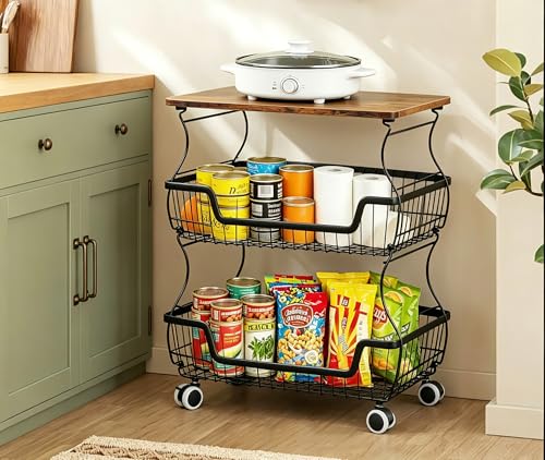 3-Tier 20.87" Tall Rolling Wire Produce Storage Basket Cart Deal