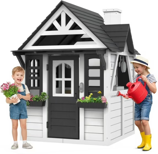COCLUB Outdoor Wooden Playhouse with Doorbell, Phone, Kitchen Toys