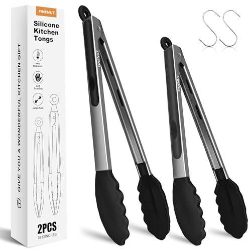 FINENUT 2-Piece 9" and 12" Stainless Steel Silicone Tongs Set