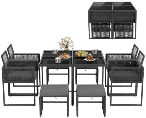 Costway 9 Piece Patio Dining Set with 4 Cushioned Seats, 4 Stools, and Tempered Glass Table Deal