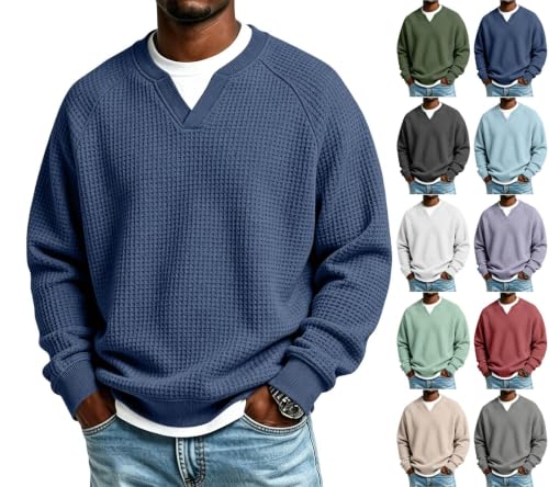 Men's Waffle Knit Shirt Long Sleeve Pullover Deal