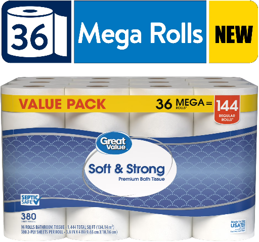 Great Value Soft & Strong Premium Toilet Paper, 36 Mega Rolls Deal