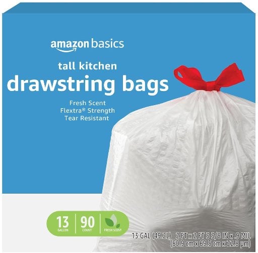 Amazon Basics Flextra Strength 13 Gallon Tall Kitchen Drawstring Trash Bags 90 Count