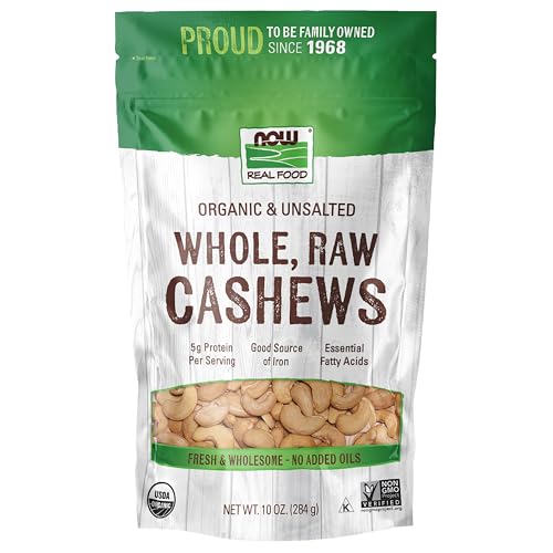NOW Foods Organic Cashews, Whole, Raw, Unsalted 10-Oz