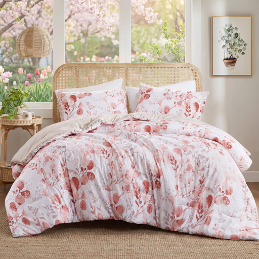 Unique Floral Design Seersucker Blush Botanical Comforter Set with Pillow Shams Full/Queen Deal