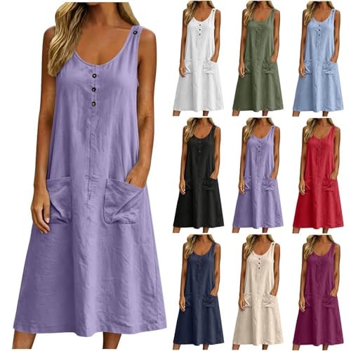 Linen Sleeveless Boho Flowy Dress with Pockets