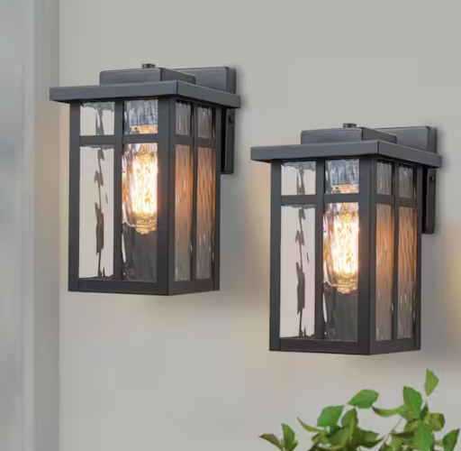 Matte Black Outdoor Hardwired Wall Lantern Sconces with Water Glass (2-Pack)