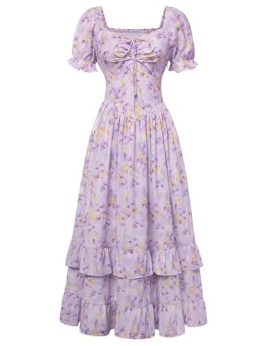 Scarlet Darkness Women's Floral Puff Sleeve Maxi Dress w/ Pockets & Ruched Bust Deal