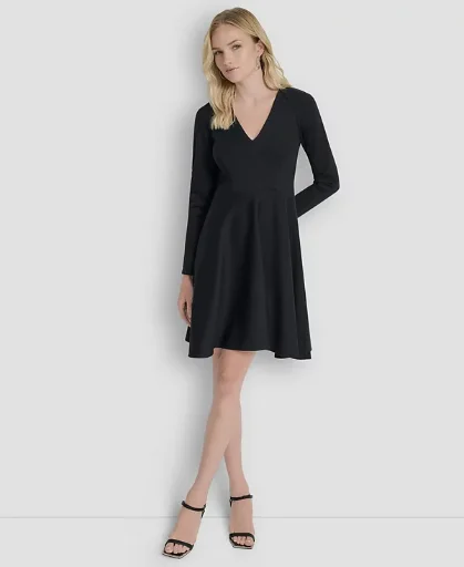DKNY Women's Long Sleeve Rib Knit Fit and Flare Dress