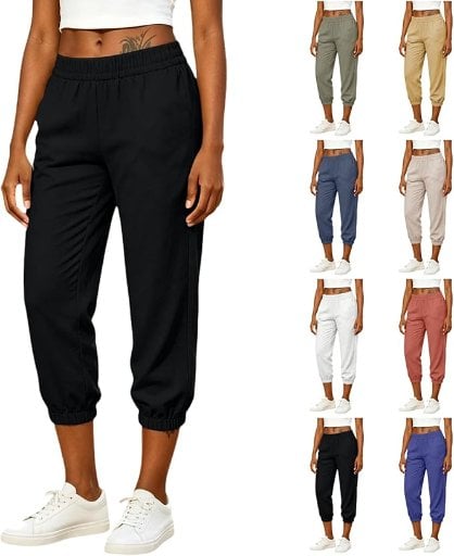 Capri Pants for Women Dressy Linen Casual Straight Leg Elastic Waist Deal
