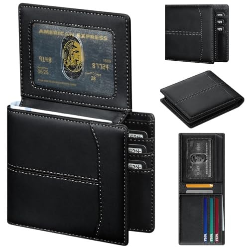 Furid Top Grain Leather RFID Minimalist Bifold Wallet w/ 2 ID Windows (Black)