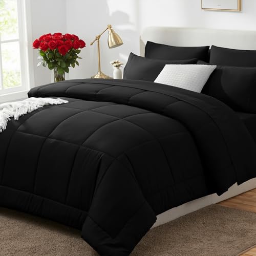 CozyLux Queen Comforter Set Black - 7 Pieces Bed in a Bag Deal