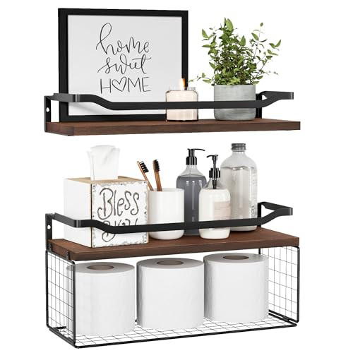 Floating Shelves with Wire Storage Basket in Dark Brown