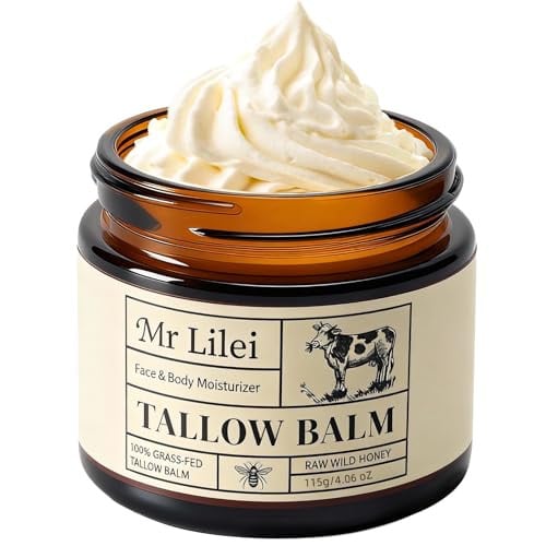 Mr. Lilei Grass-Fed Beef Tallow and Honey Balm, Whipped Body Butter & Face Moisturizer, 4.06 oz