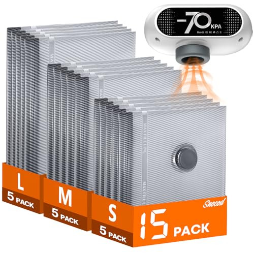 SNOCOD 15 Pack Vacuum Storage Bags with -70KPa Electric Pump
