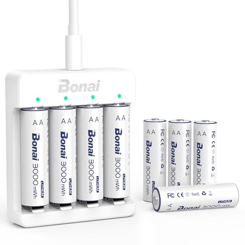 BONAI Rechargeable Lithium 3000mWh 1.5V AA Batteries 8-Count w/ Charger