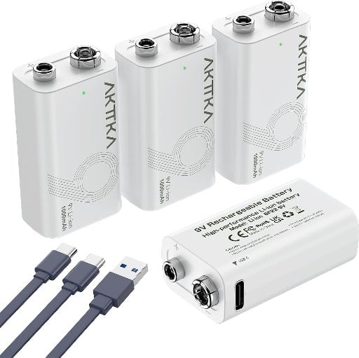 AKTTKA Rechargeable 9V Lithium Batteries with USB C Charging, 4 Pack