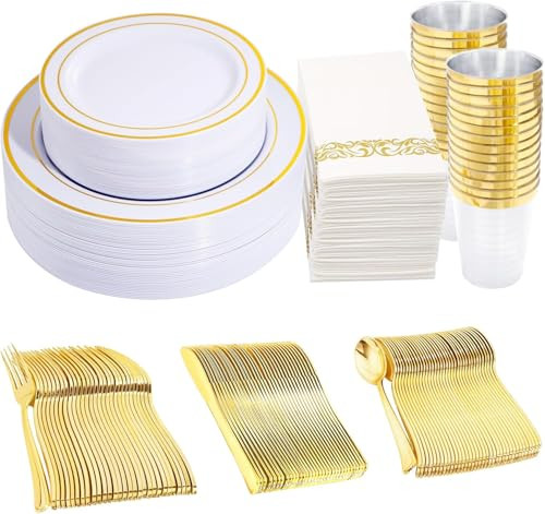 350-Piece White and Gold Plastic Plates Dinnerware Set (50 Guests)